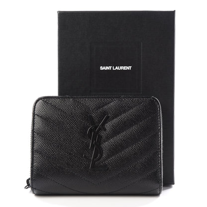Saint Laurent Grain De Poudre Matelasse Chevron Monogram Compact Zip Around Wallet Black 10 of 10