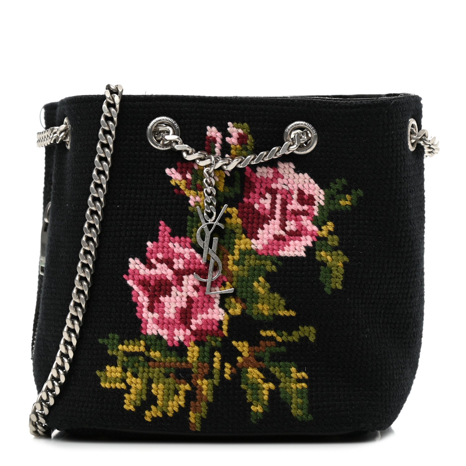 Saint Laurent Woven Wool Embroidered Baby Emmanuelle Bucket Bag Black 1 of 10