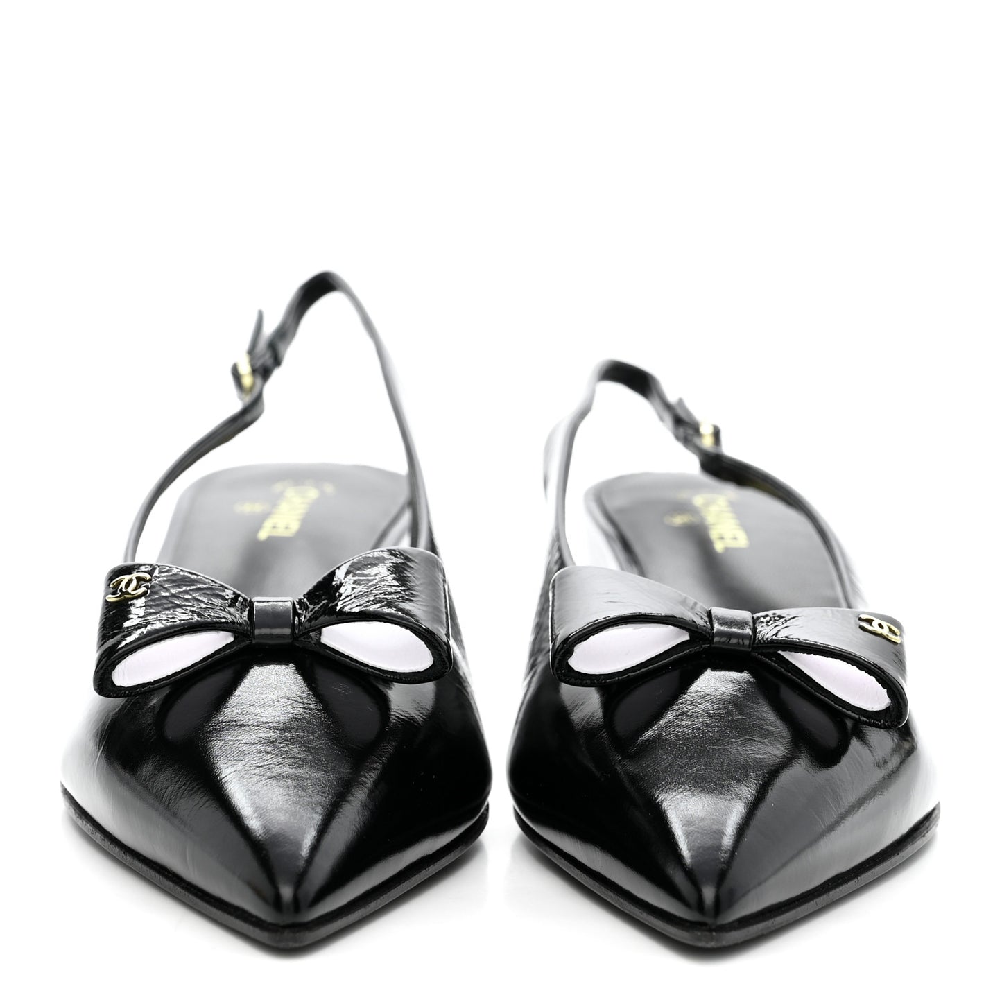 Crumpled Patent Calfskin CC Bow Slingback Pumps 38.5 Black