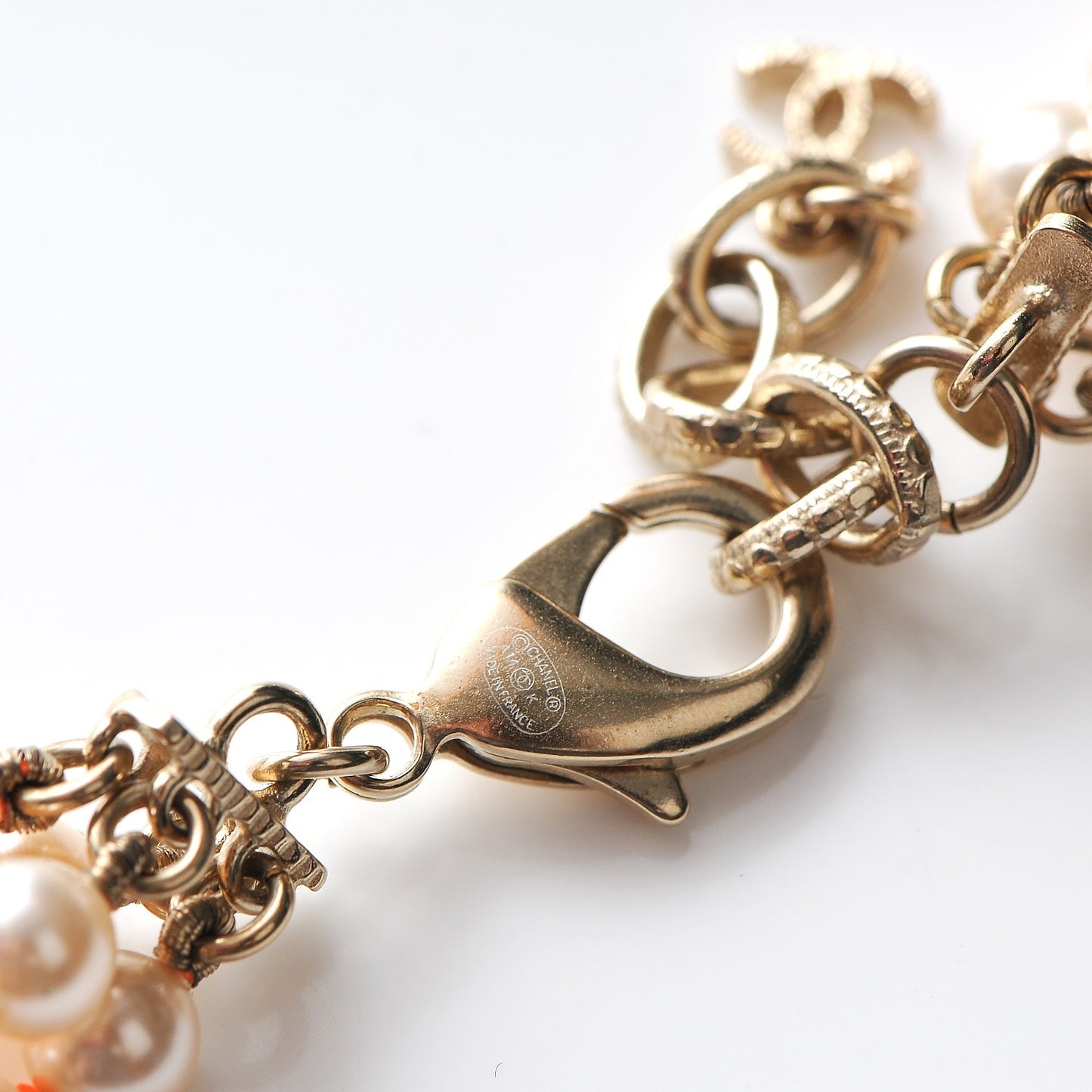 Pearl Crystal Gripoix CC Multi Strand Necklace Orange Gold