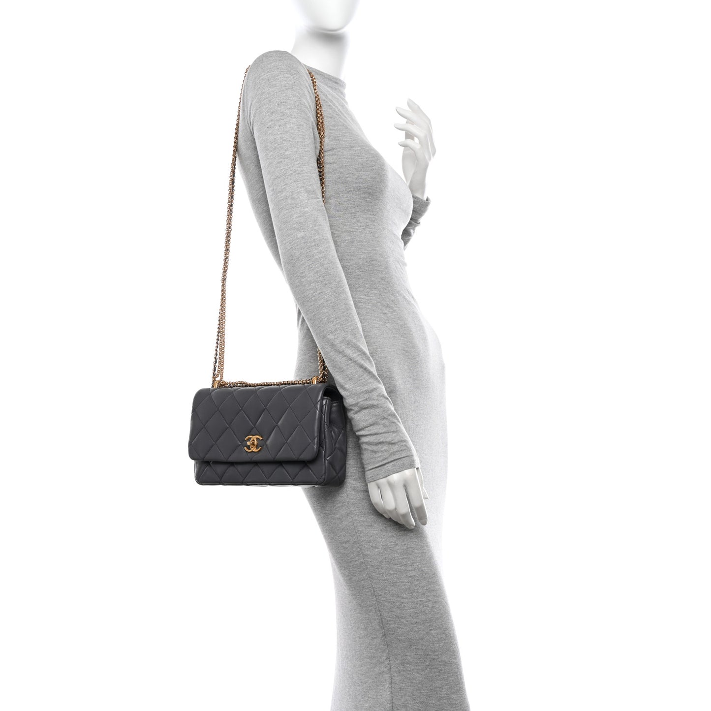Shiny Lambskin Quilted Multi Stand Flap Grey