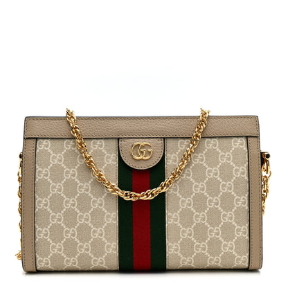 Gucci GG Supreme Monogram Textured Dollar Calfskin Web Small Ophidia Chain Shoulder Bag Beige Mystic White Oatmeal 1 of 11