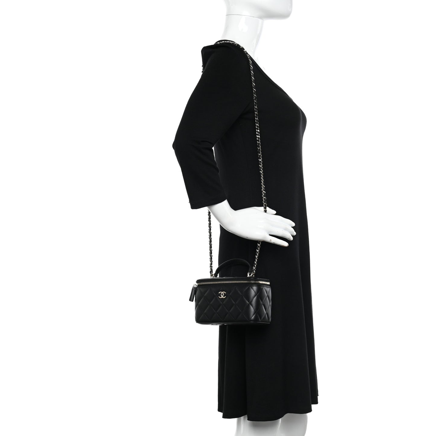 Lambskin Quilted Small Top Handle Vanity Case With Chain Black