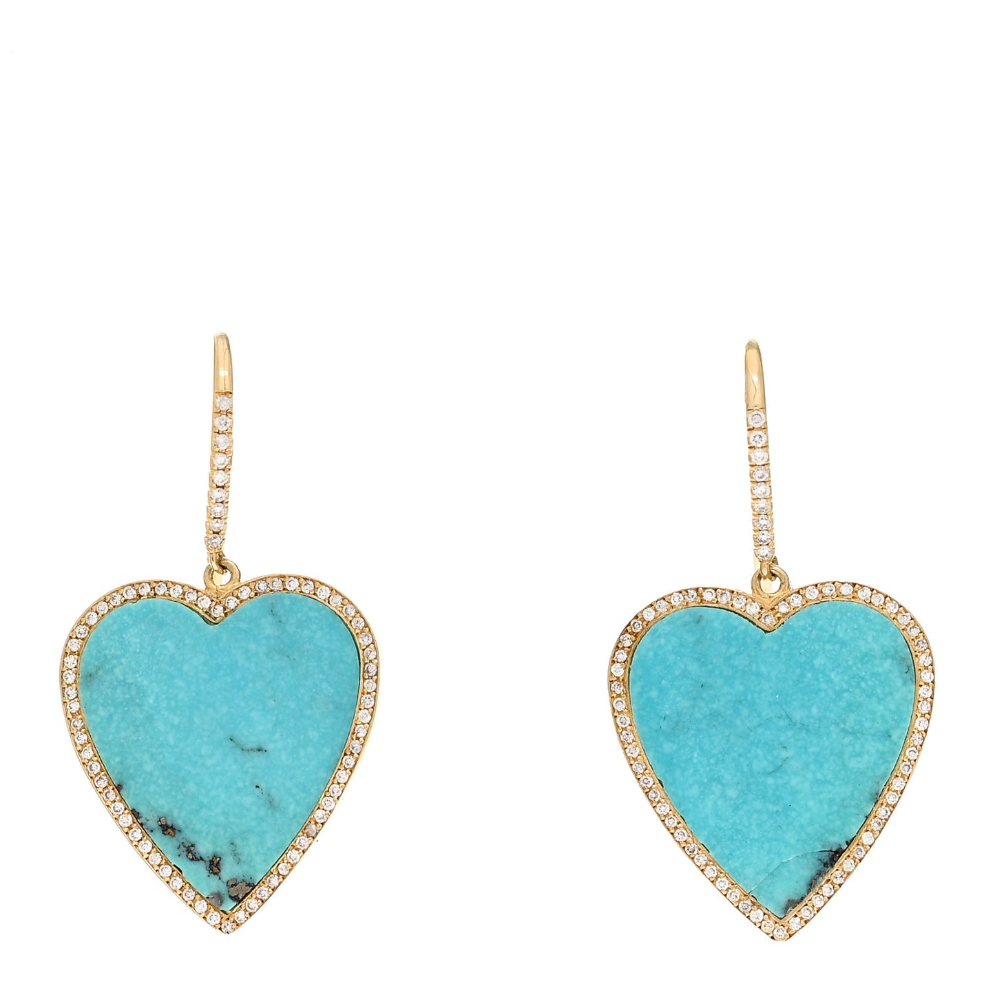 18K Yellow Gold Diamond Turquoise Inlay Heart Earrings