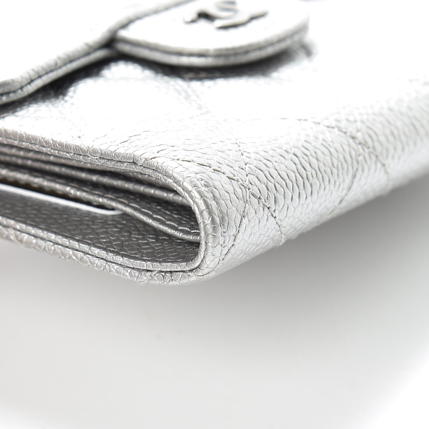 Metallic Caviar Quilted Compact Flap Wallet Silver