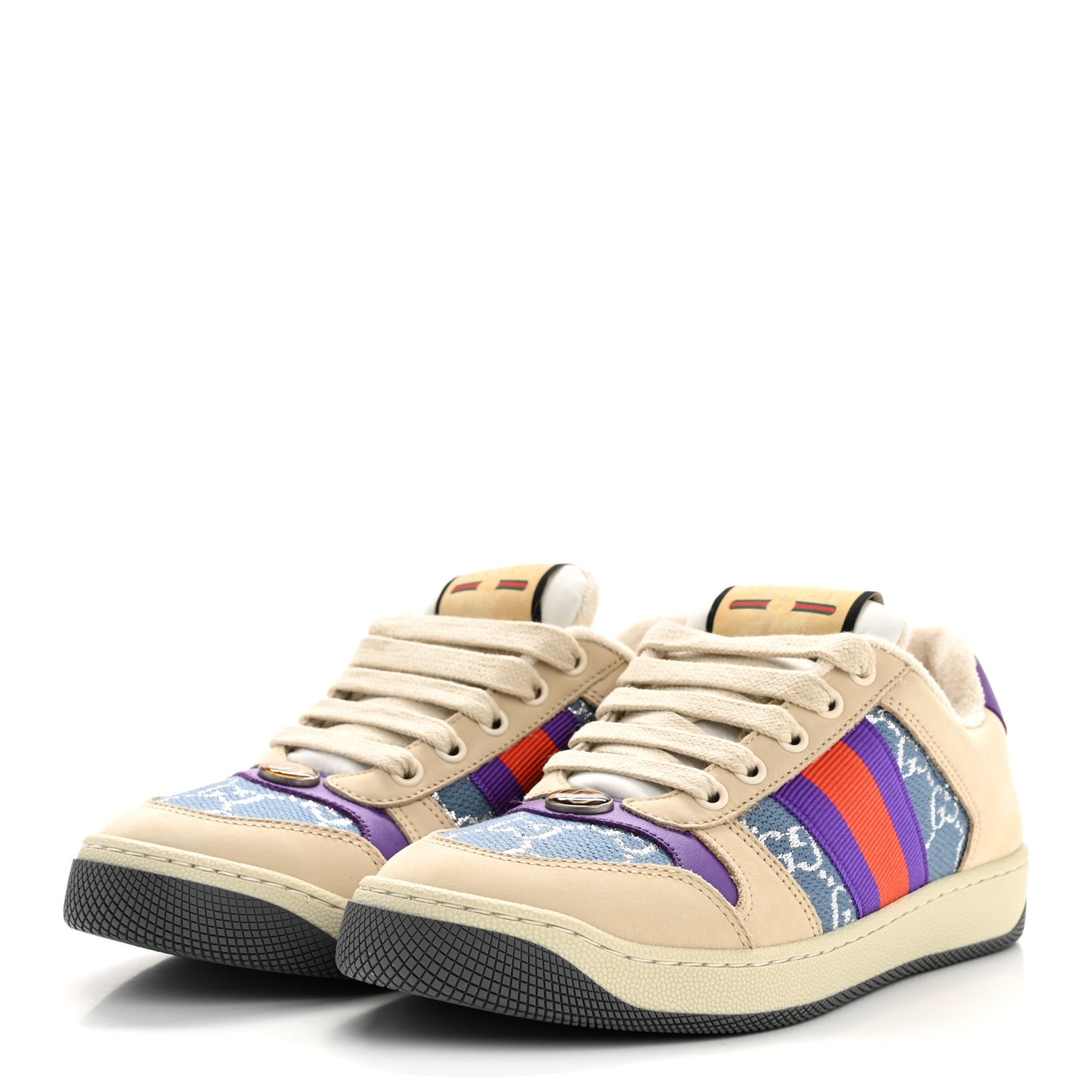 Calfskin Lame GG Monogram Web Womens Screener Sneakers 36 Blue Silver Dusty Milk Shine Purple