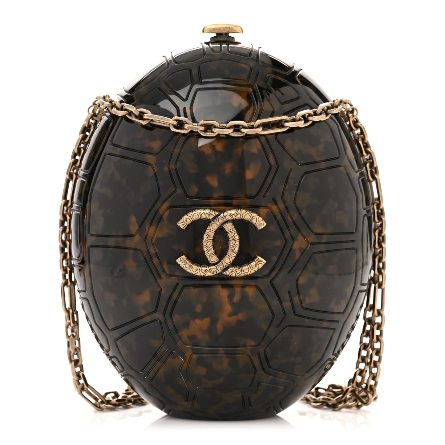 Plexiglass Tortoise Shell CC Round Minaudiere Clutch