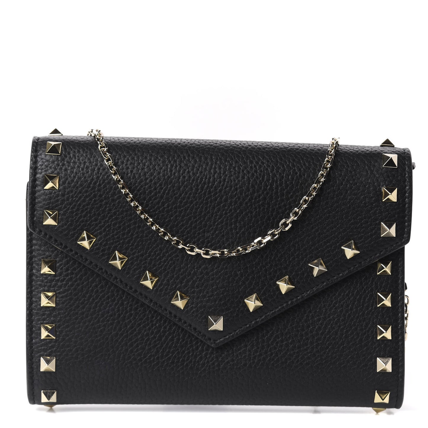 Pebbled Calfskin Rockstud Envelope Wallet on Chain Black