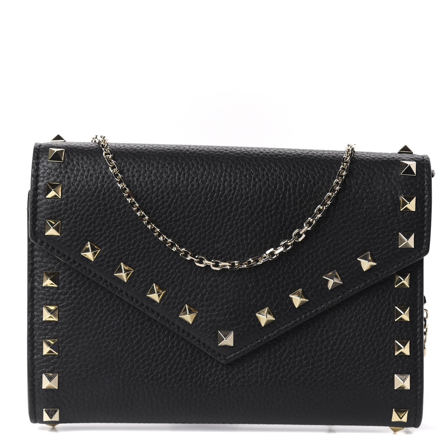 Valentino Garavani Pebbled Calfskin Rockstud Envelope Wallet on Chain Black 1 of 10