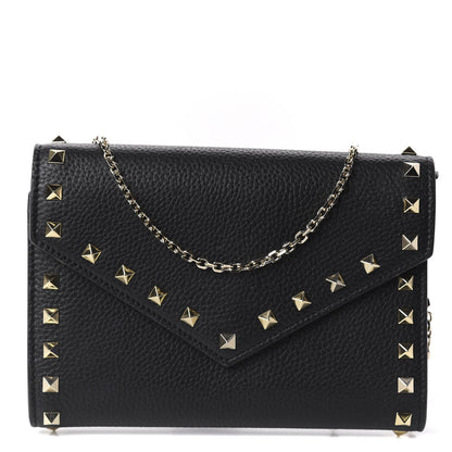 Valentino Garavani Pebbled Calfskin Rockstud Envelope Wallet on Chain Black 1 of 10