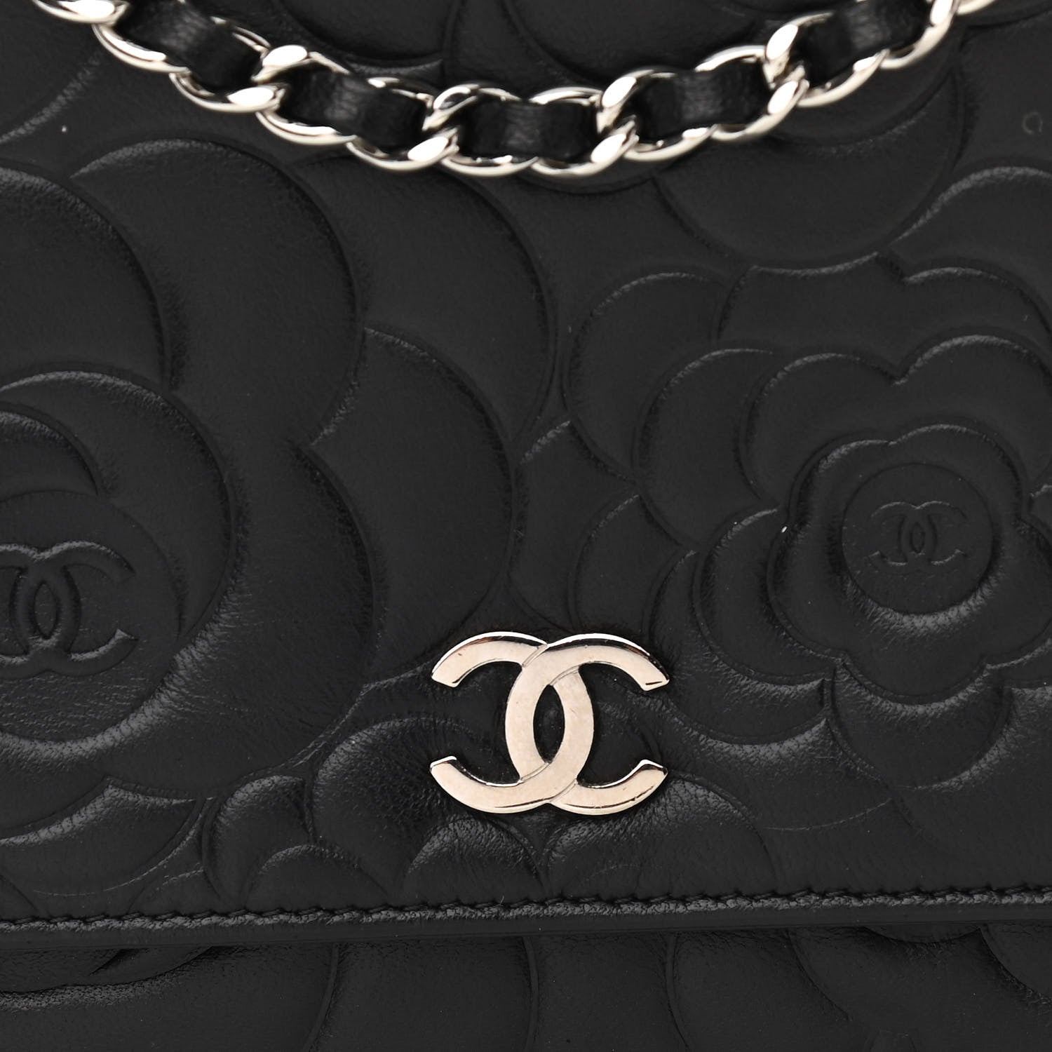 Chanel Lambskin Camellia Embossed Wallet on Chain WOC Black 13 of 14