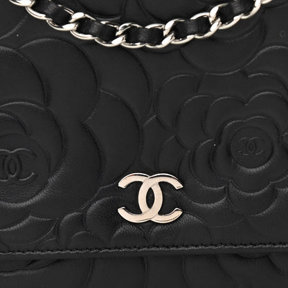 Chanel Lambskin Camellia Embossed Wallet on Chain WOC Black 13 of 14
