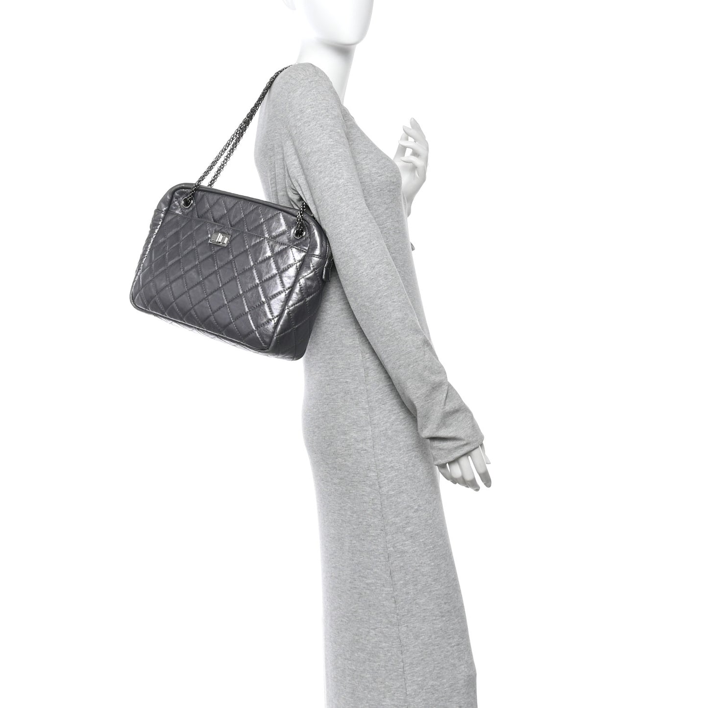 Metallic Aged Calfskin Quilted Large Reissue Camera Case Silver