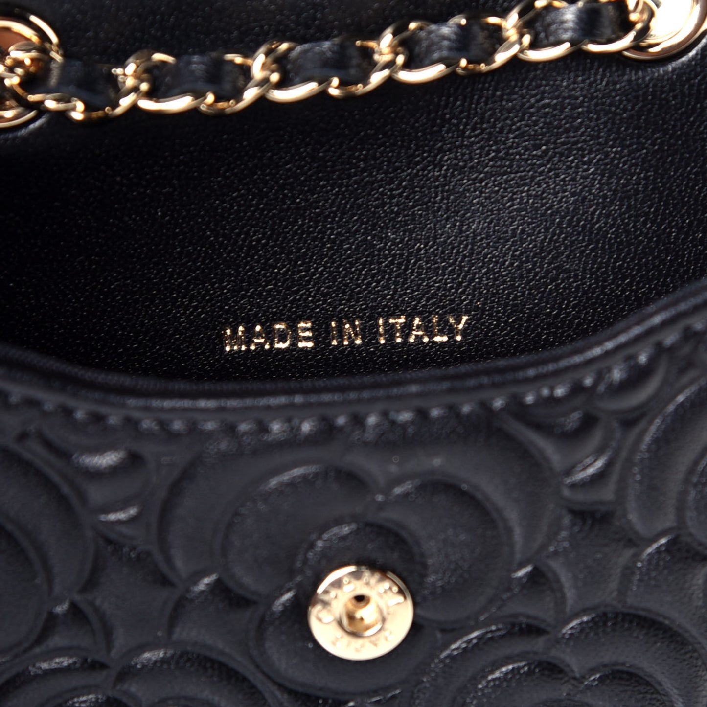 Lambskin Camellia Embossed Chain Belt Bag Black