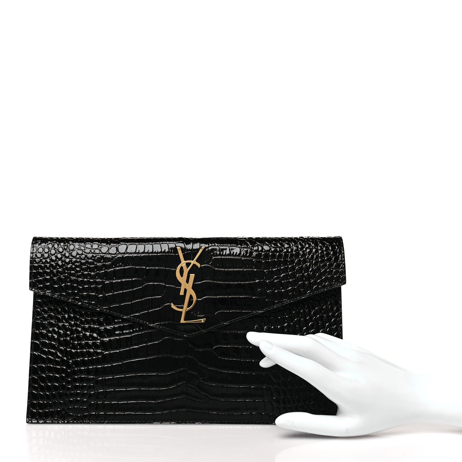 Saint Laurent Calfskin Crocodile Embossed Uptown Monogram Pouch Black 2 of 8