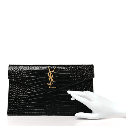 Saint Laurent Calfskin Crocodile Embossed Uptown Monogram Pouch Black 2 of 8