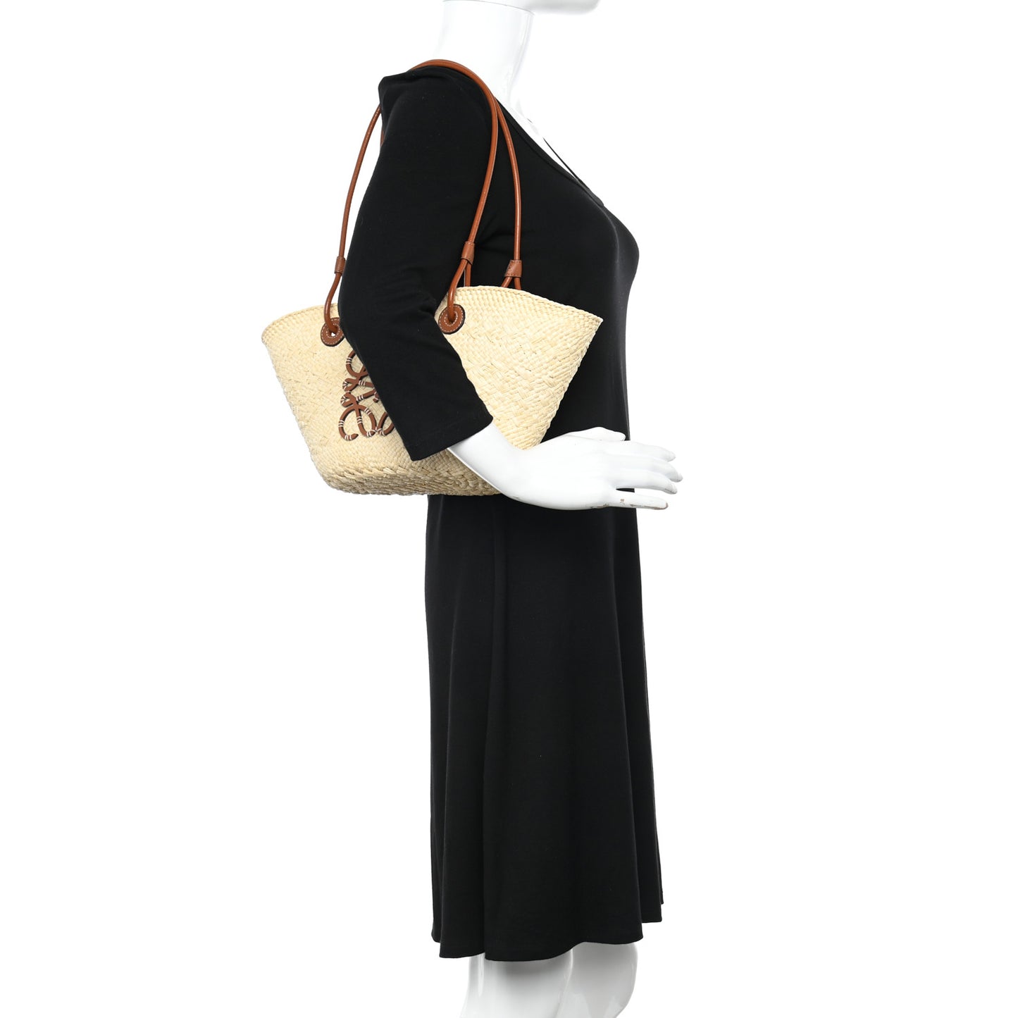 Calfskin Raffia Small Anagram Basket Tote Bag Natural Tan
