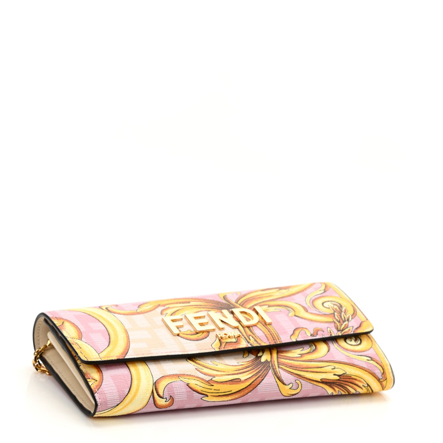 X VERSACE Glazed Fabric Fendace FF Baroque Continental Wallet On Chain Gold White Rosa