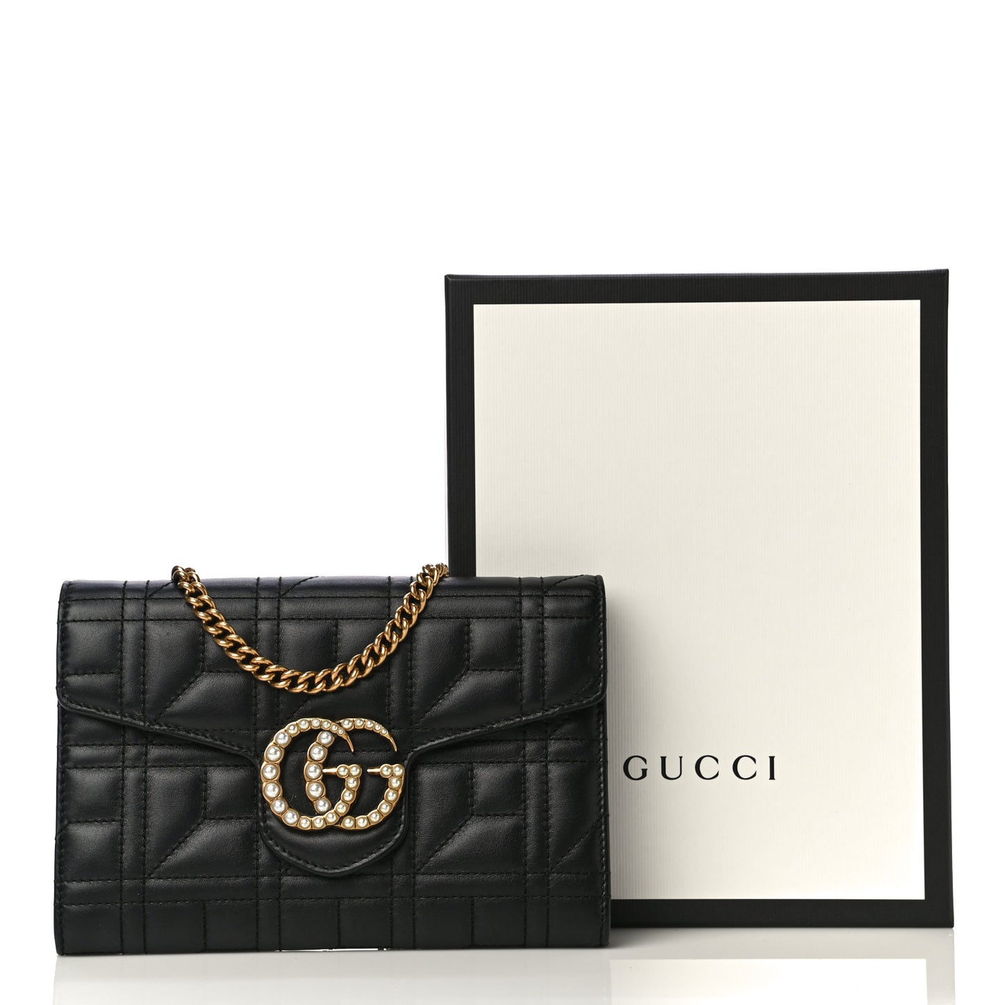 Calfskin Matelasse Mini Pearly GG Marmont Chain Wallet Black