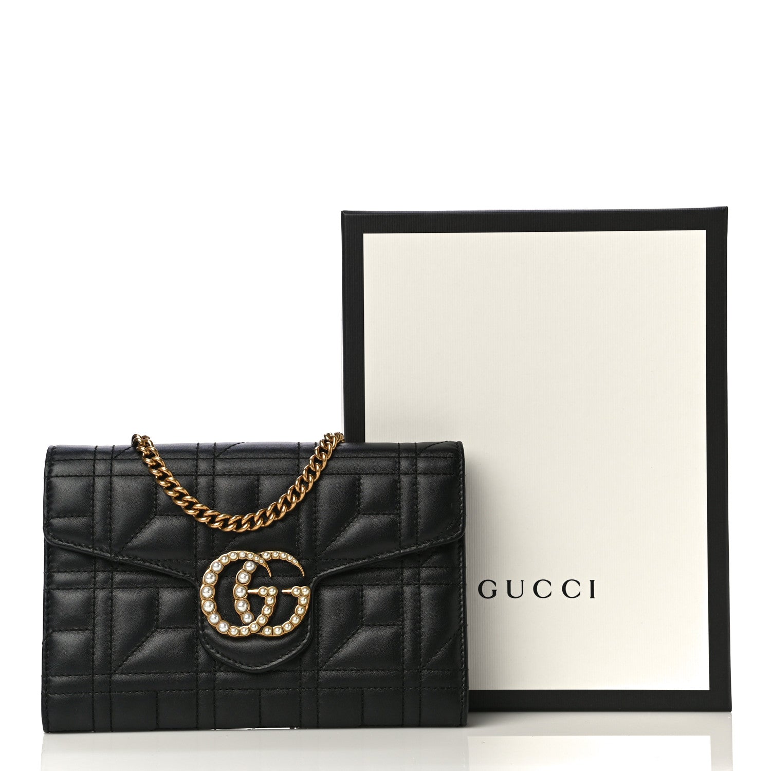 Gucci Calfskin Matelasse Mini Pearly GG Marmont Chain Wallet Black 13 of 13