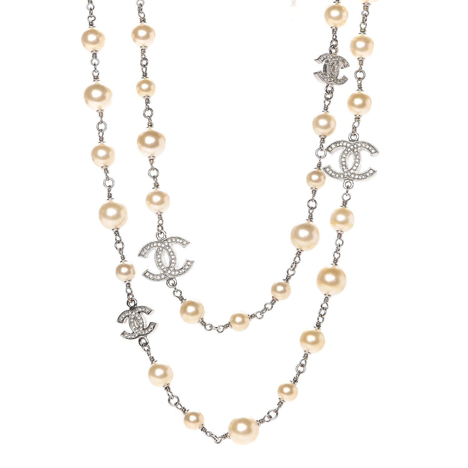 Chanel Crystal Pearl CC Long Necklace Silver 1 of 19