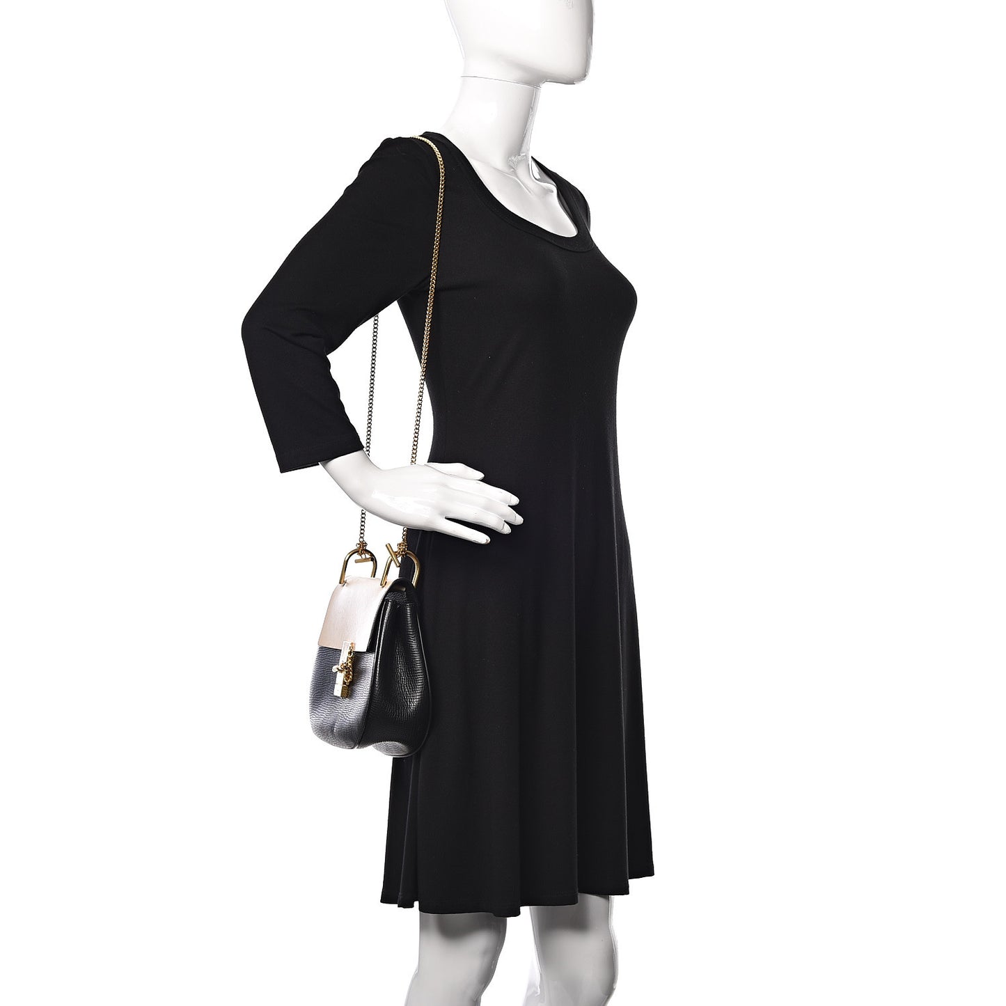 Grained Calfskin Lambskin Bi-Color Drew Shoulder Bag Black Powder Beige