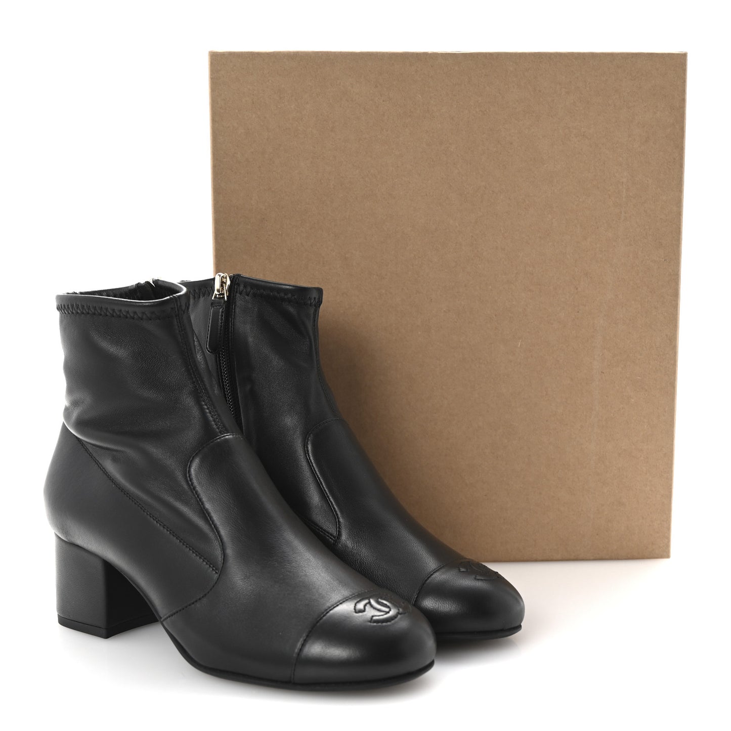 Stretch Lambskin Cap Toe CC Short Boots 37.5 Black