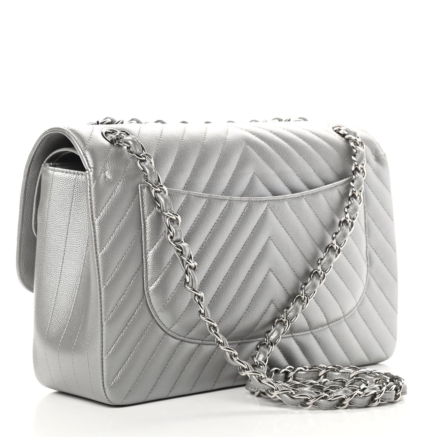 Metallic Caviar Chevron Quilted Jumbo Double Flap Silver