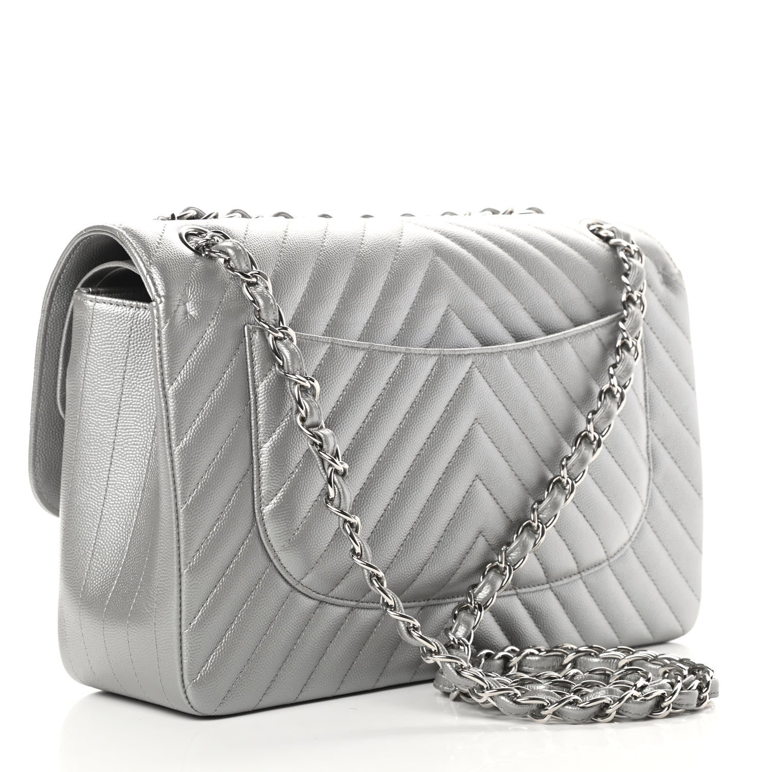Chanel Metallic Caviar Chevron Quilted Jumbo Double Flap Silver 4 of 12