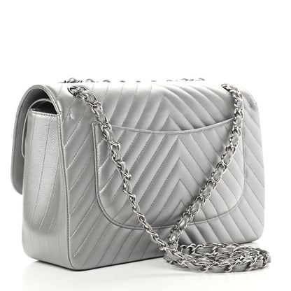 Chanel Metallic Caviar Chevron Quilted Jumbo Double Flap Silver 4 of 12