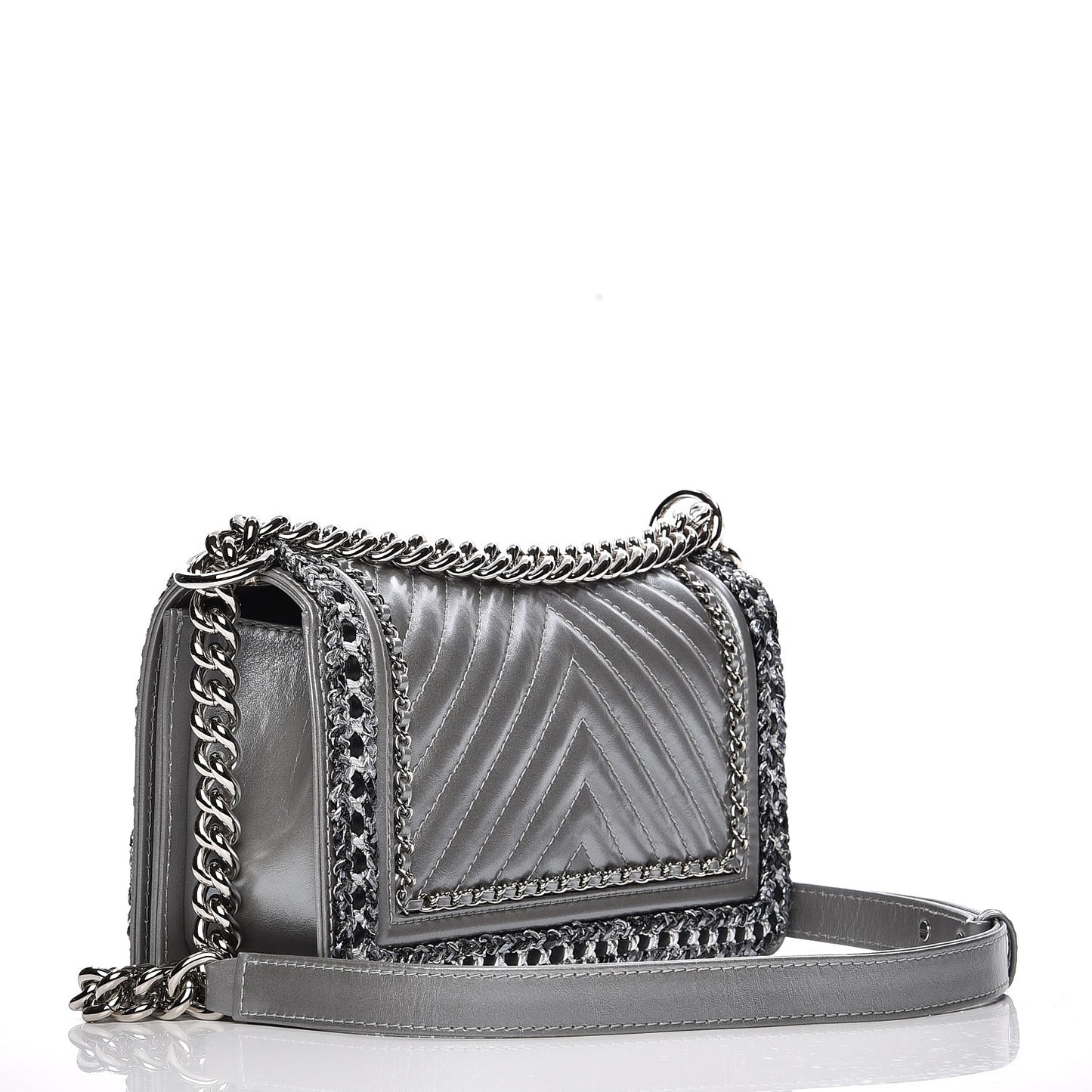 Metallic Calfskin Chevron Quilted Medium Boy Chained Flap Silver