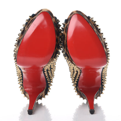Christian Louboutin Veau Velours Calf Hair Leopard Lady Peep Spikes VIP 150 Pumps 39.5 Blue Khol Bronze 5 of 7
