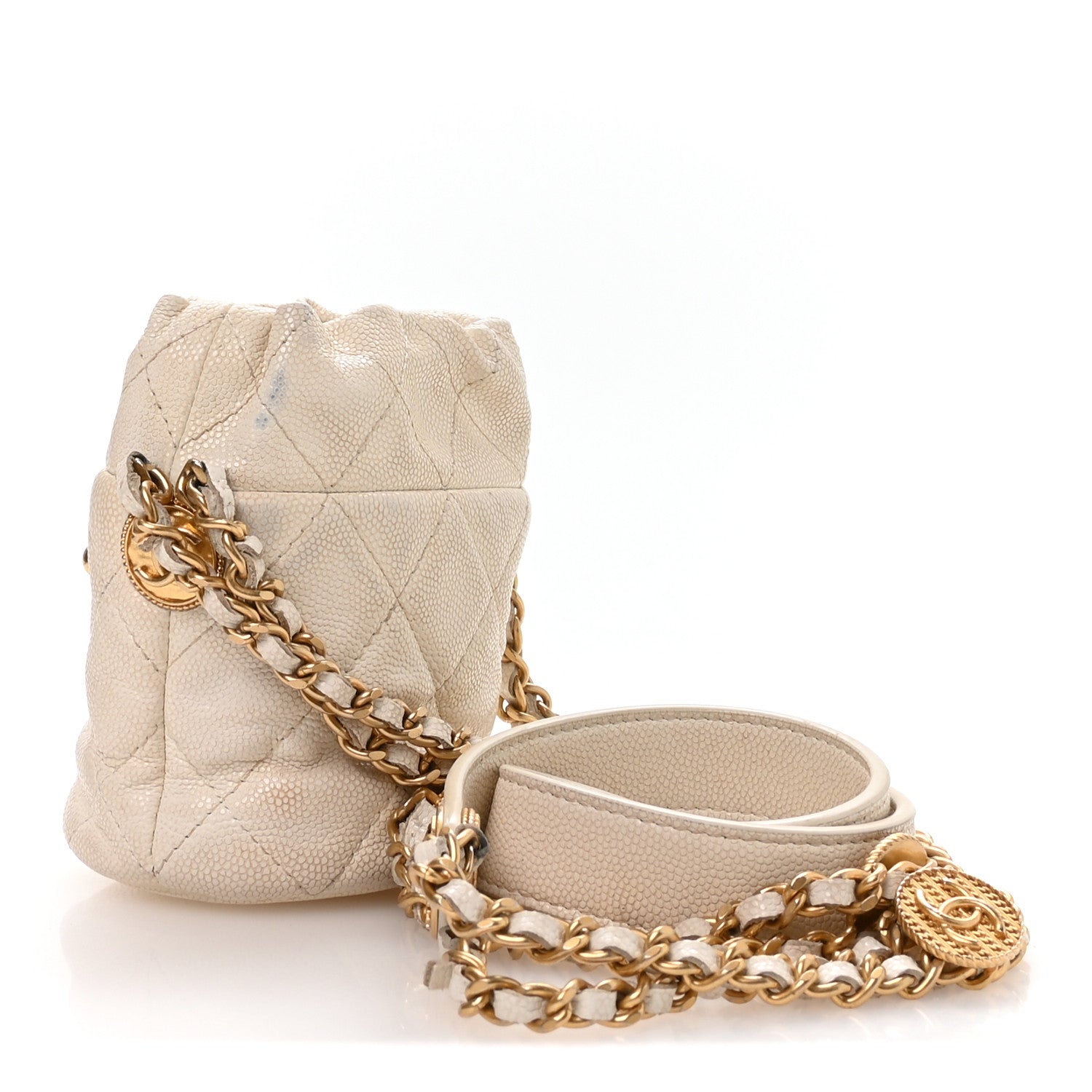 Chanel Caviar Quilted Twist Your Buttons Mini Bucket Bag White 3 of 10