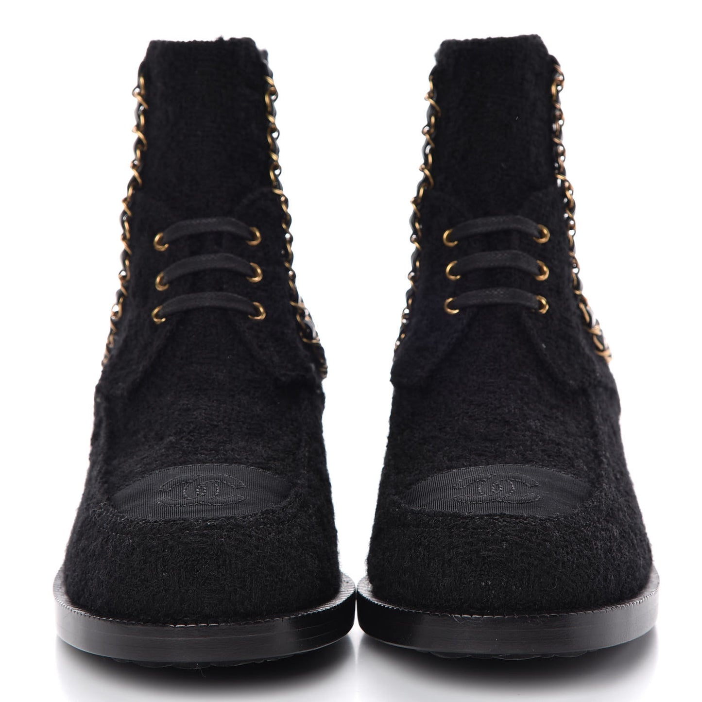 Tweed Calfskin Chain Lace Up Boots 39.5 Black