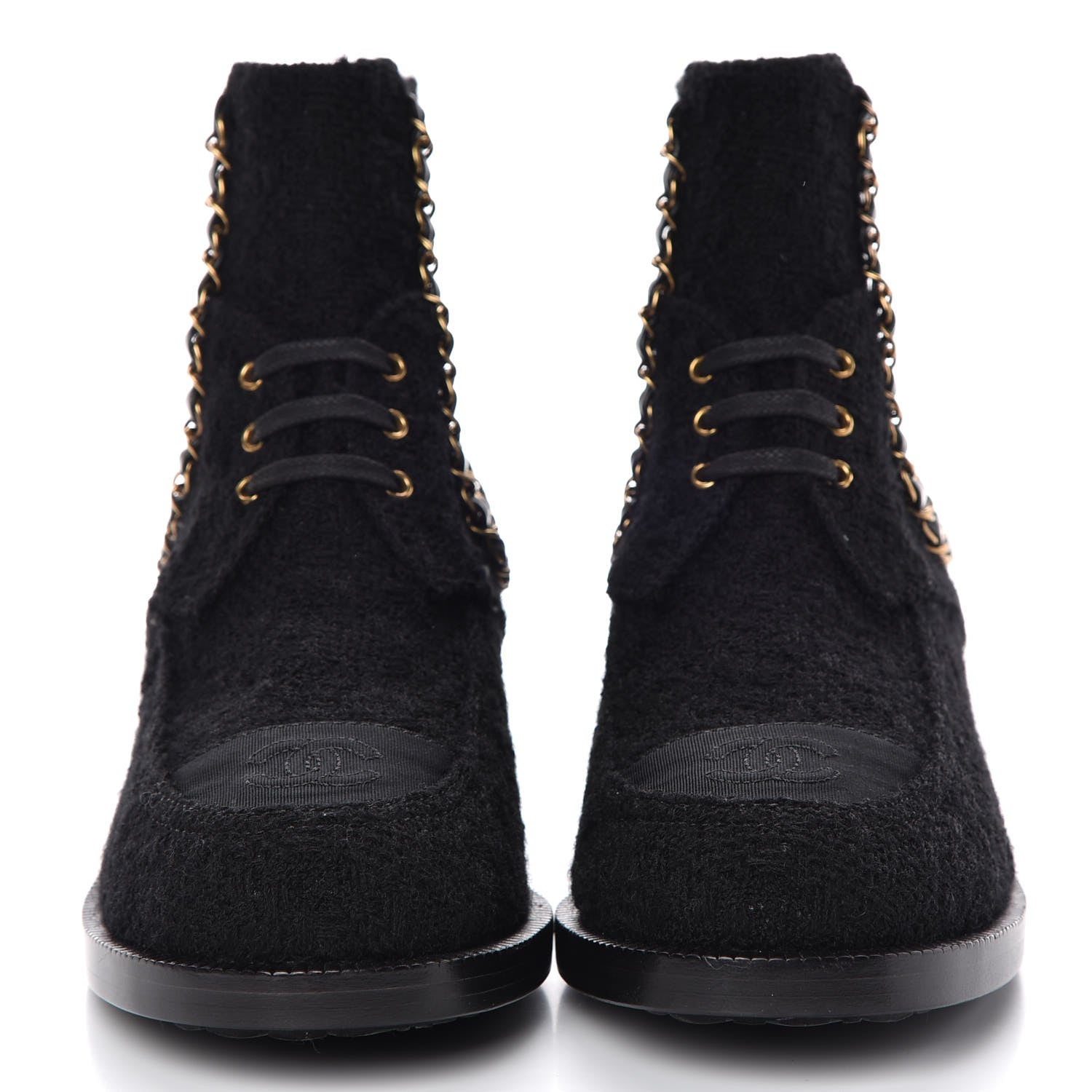 Chanel Tweed Calfskin Chain Lace Up Boots 39.5 Black 2 of 10