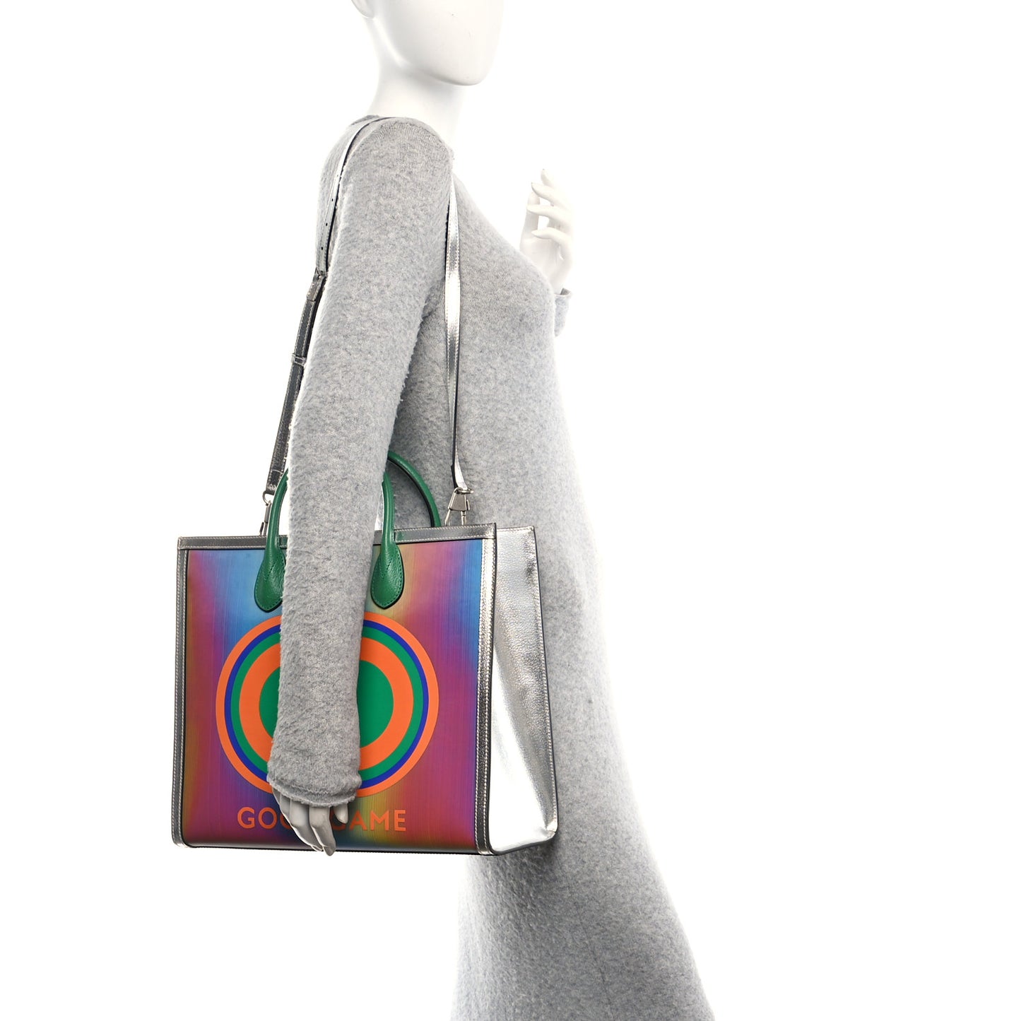 Laminated Textured Dollar Calfskin Good Game Interlocking G Tote Silver