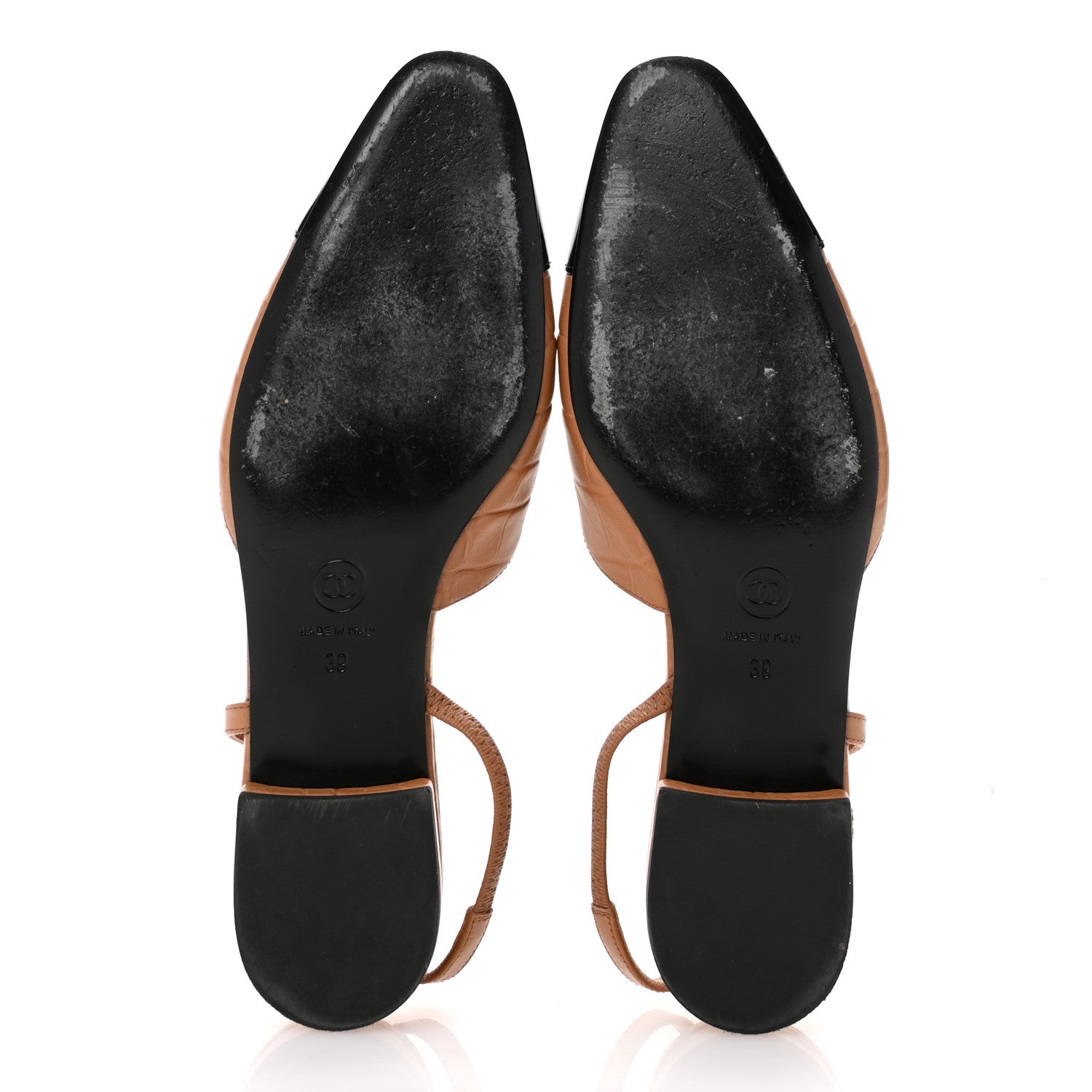 Chanel Calfskin Crocodile Embossed Patent Cap Toe CC Slingback Flats 39 Light Brown Black 6 of 12