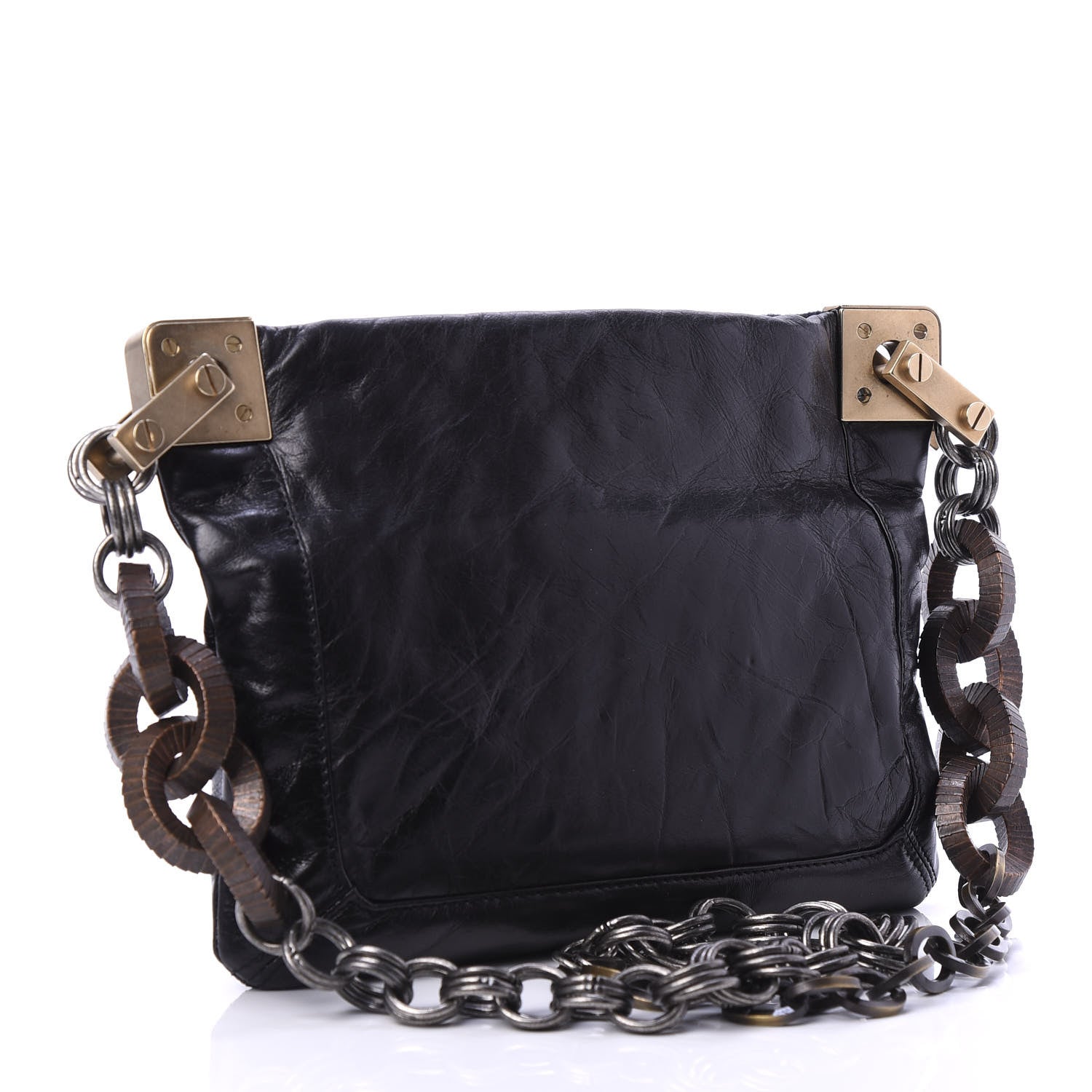Lanvin Glazed Calfskin Felt Crystal Embellished Ketu Sac Chain Shoulder Bag Black 3 of 9