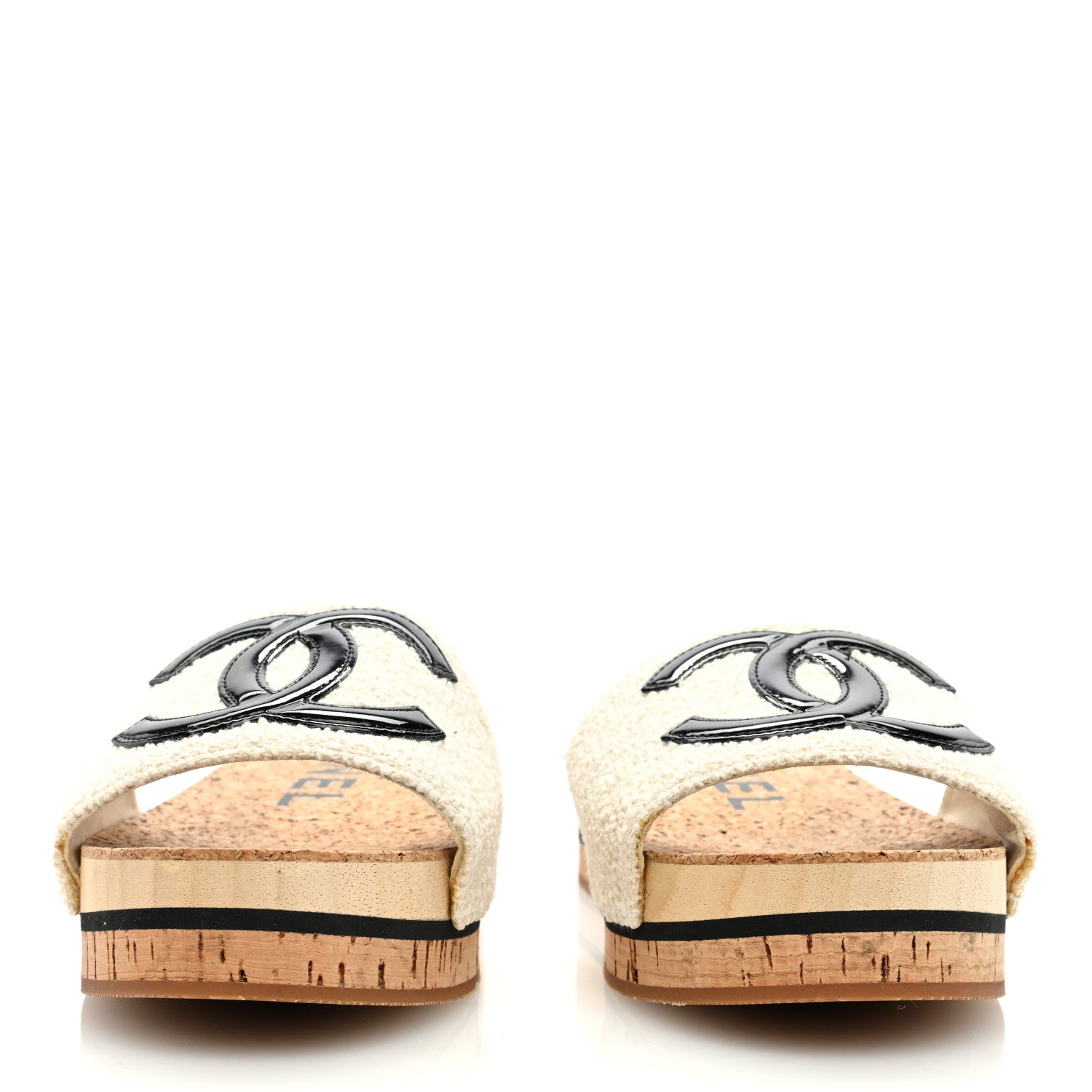 Chanel Tweed Patent Calfskin Logo Mules 38 Ivory Black 3 of 6