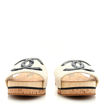 Chanel Tweed Patent Calfskin Logo Mules 38 Ivory Black 3 of 6