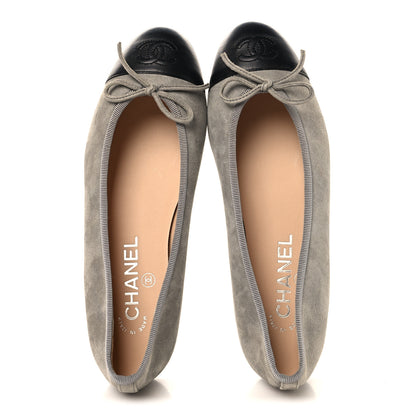 Chanel Suede Lambskin Cap Toe CC Ballerina Flats 37 Dark Grey Black 2 of 10