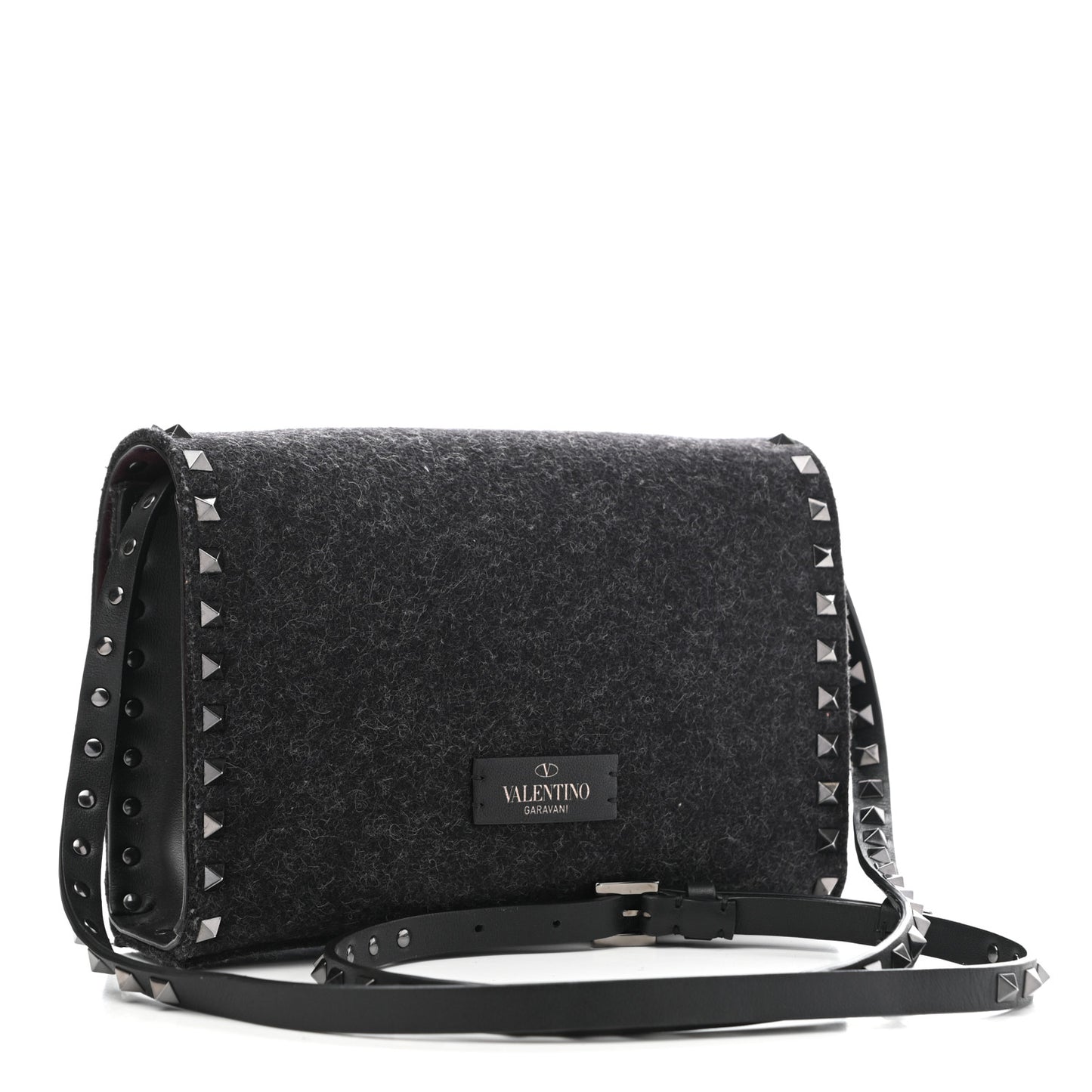 Wool Calfskin Medium Rockstud Flip Lock Crossbody Bag Black