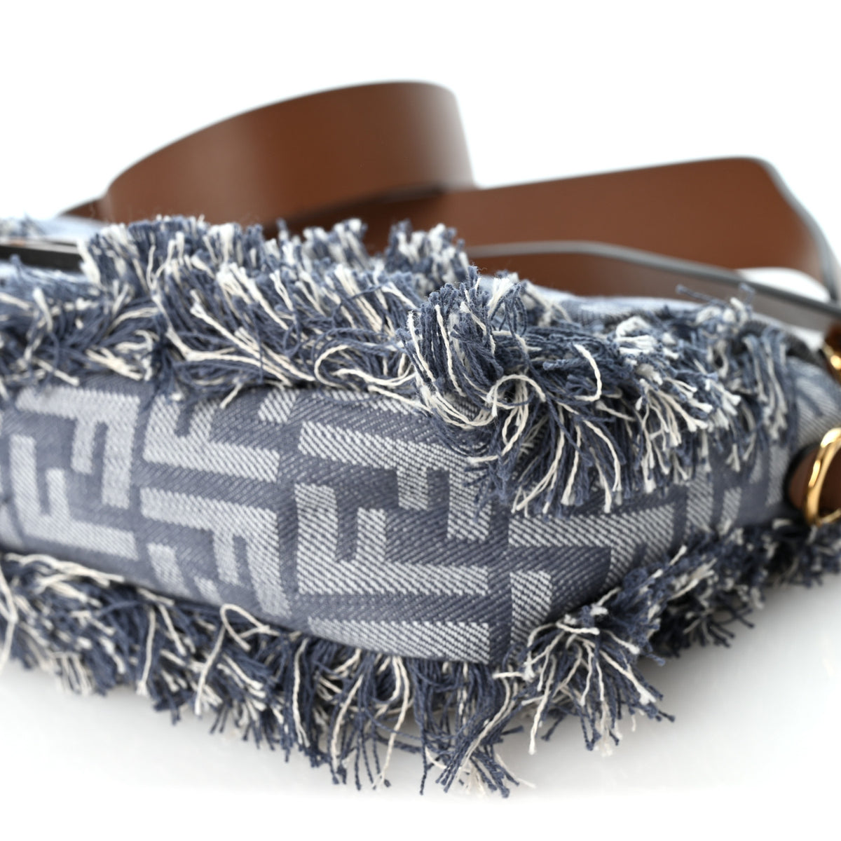 Fendi Denim Vitello King Fringe FF Embroidered Baguette Denim Myrtle Dark Nut 12 of 12