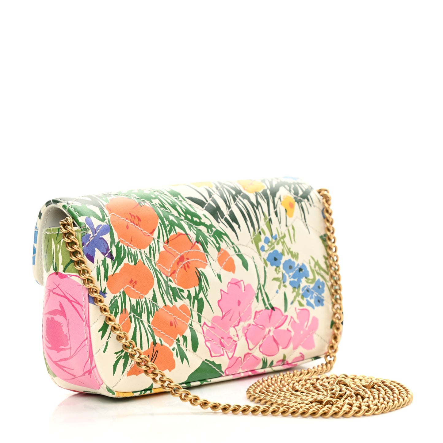 X KEN SCOTT Calfskin Matelasse Floral Print Super Mini GG Marmont Shoulder Bag Ivory Pink