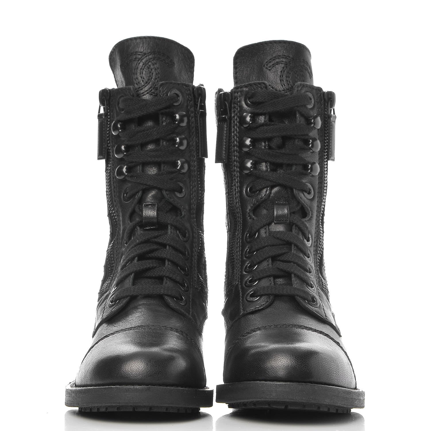 Chanel Sheepskin Quilted CC Tall Lace Up Combat Boots 35.5 Black 2 of 9