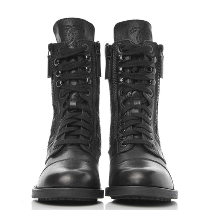 Chanel Sheepskin Quilted CC Tall Lace Up Combat Boots 35.5 Black 2 of 9