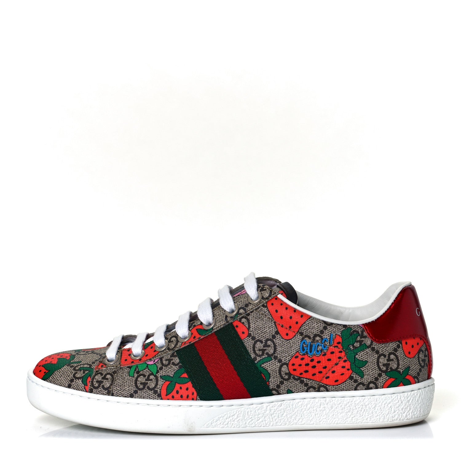 Gucci GG Supreme Monogram Strawberry Web Womens Ace Sneakers 36.5 Beige Multicolor Red Green 1 of 8