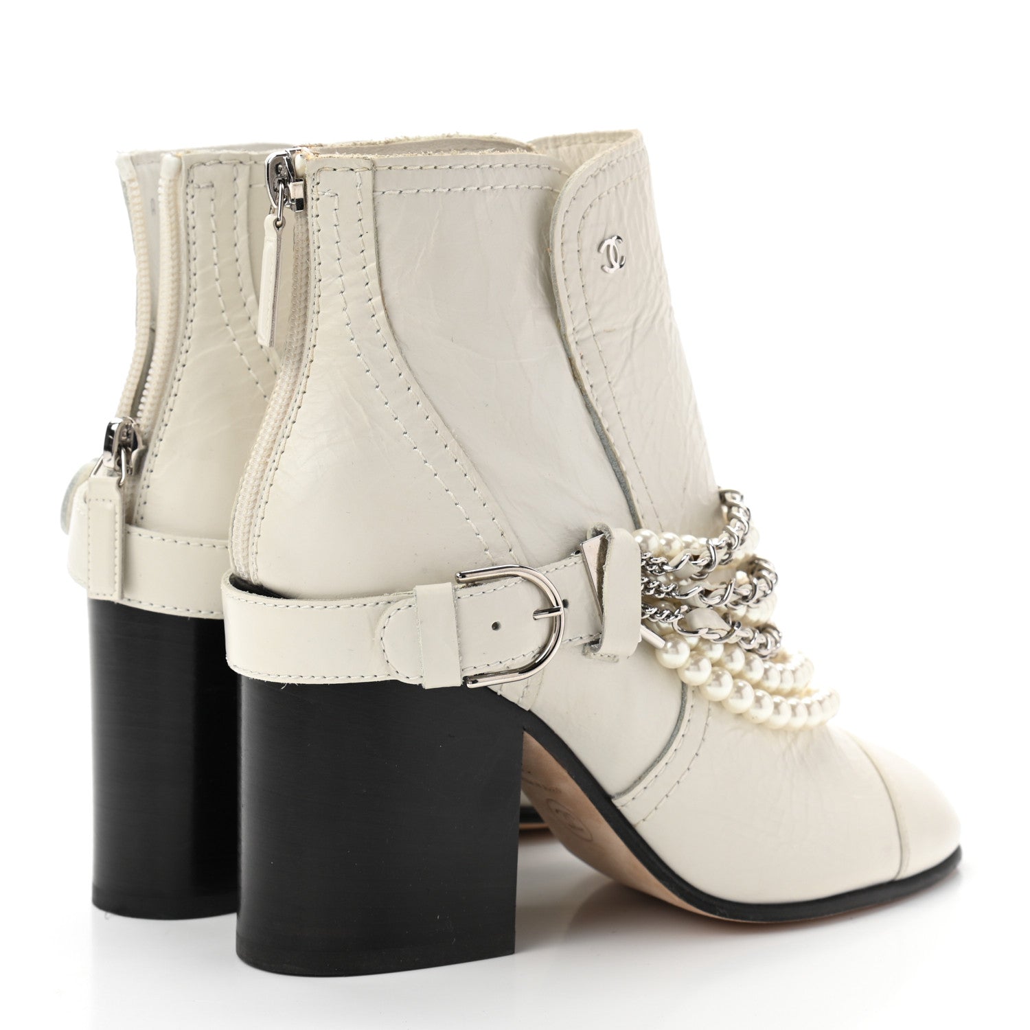 Chanel Crackled Calfskin Pearl Chain CC Short Boots 35 White 4 of 10