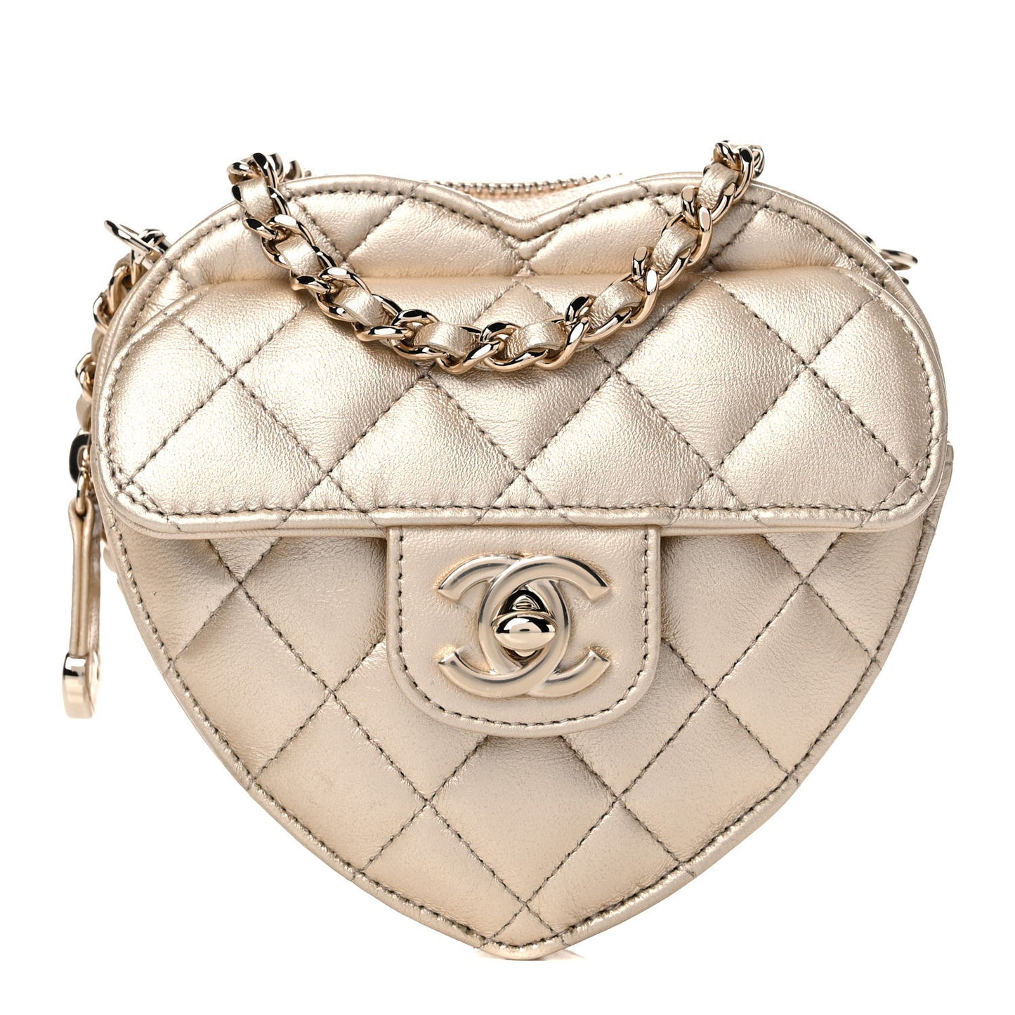 Metallic Lambskin Quilted CC In Love Heart Clutch With Chain Gold
