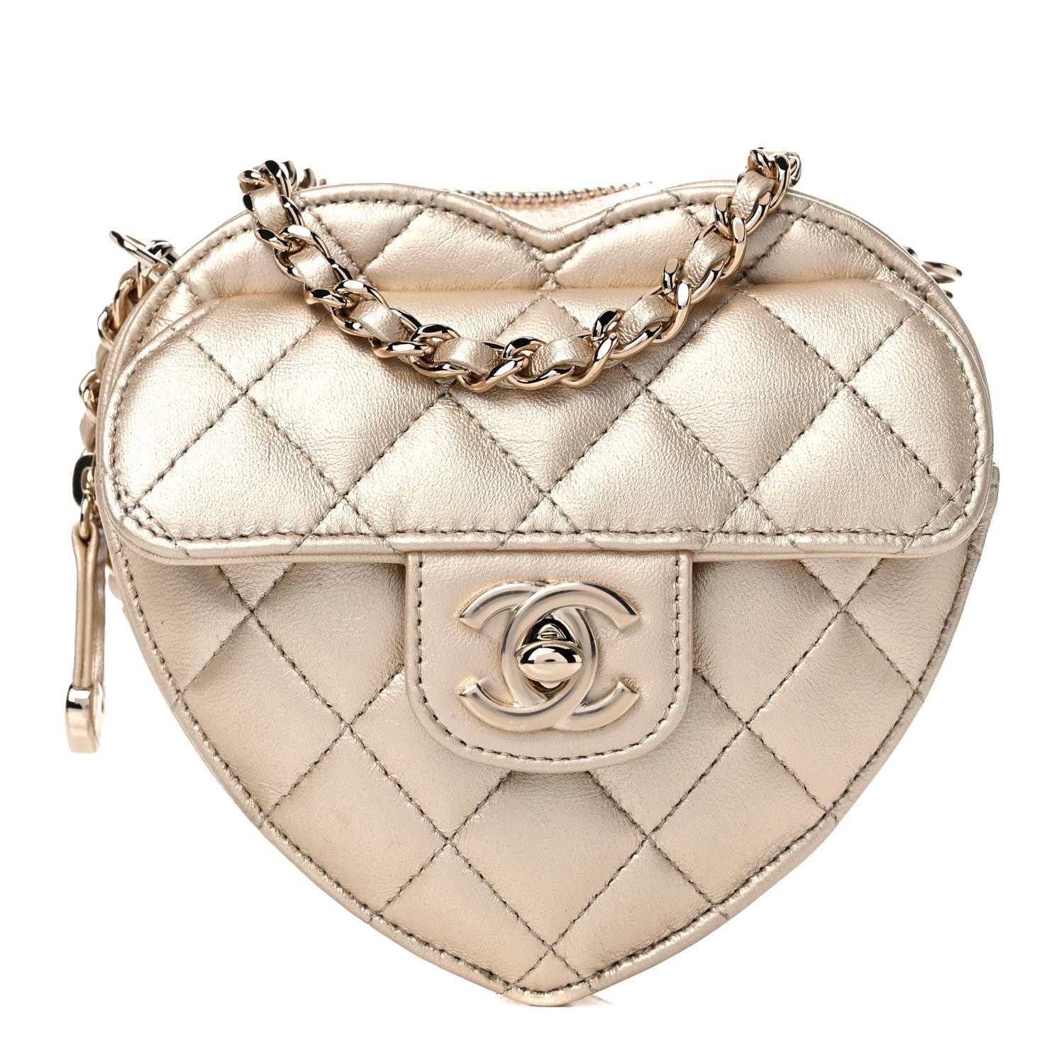 Chanel Metallic Lambskin Quilted CC In Love Heart Clutch With Chain Gold 1 of 10